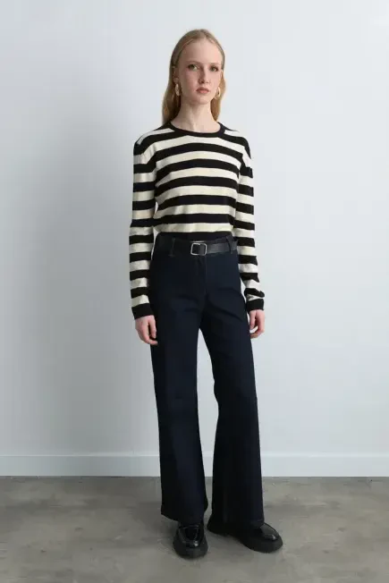 Wide Leg Denim Pants - Navy Blue Navy Blue