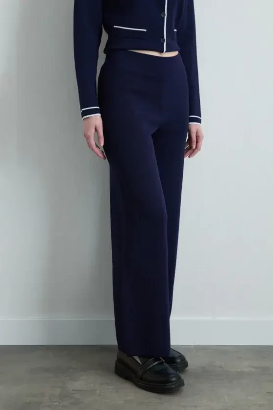 Wide-Leg Knit Pants - Navy Blue - Gusto