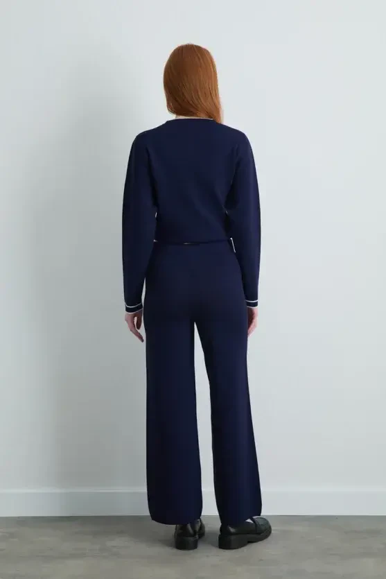 Wide-Leg Knit Pants - Navy Blue - 4