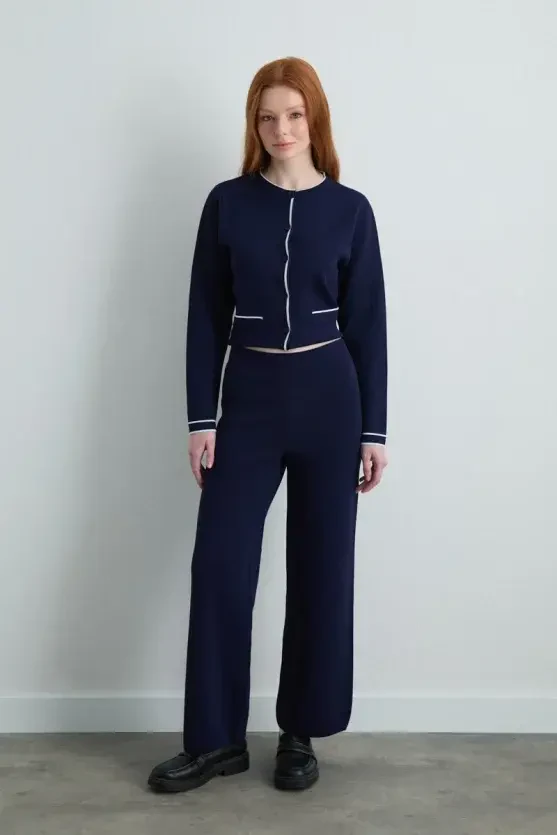 Wide-Leg Knit Pants - Navy Blue - Gusto