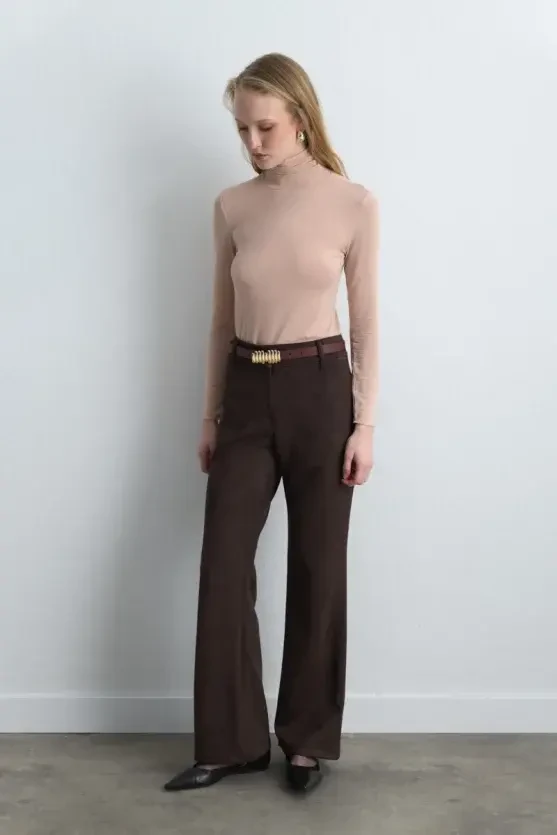 Wide Leg Suede Pants - Brown - 4