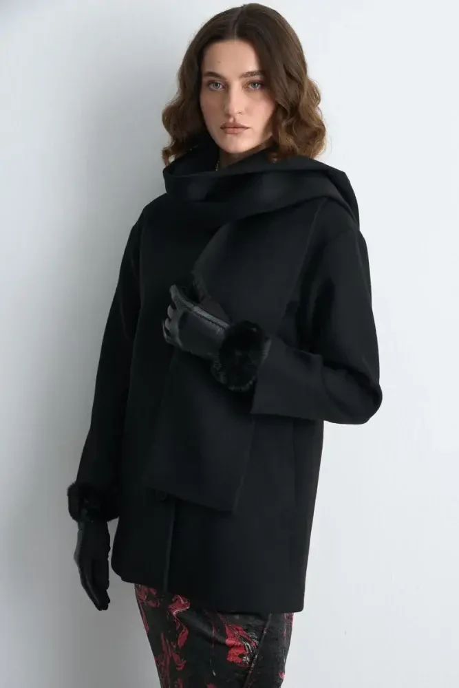 Wool Blend Coat with Scarf - Black Black