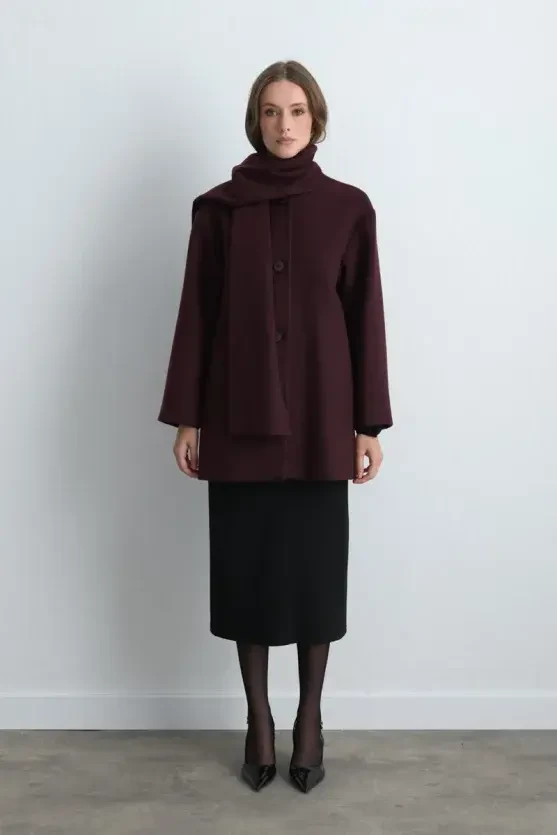 Wool Blend Coat with Scarf - Burgundy - 4