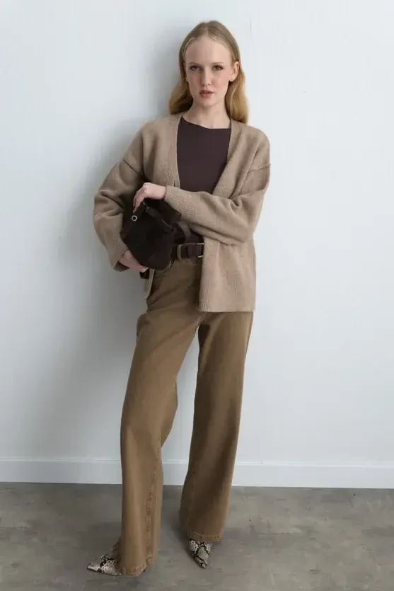 Wool Blend Knit Cardigan - Beige - Gusto