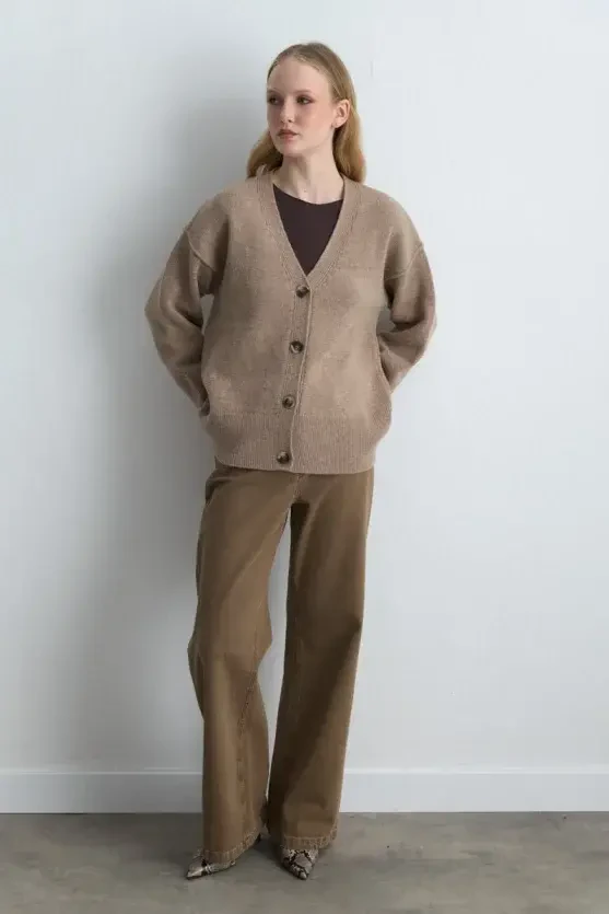 Wool Blend Knit Cardigan - Beige - Gusto