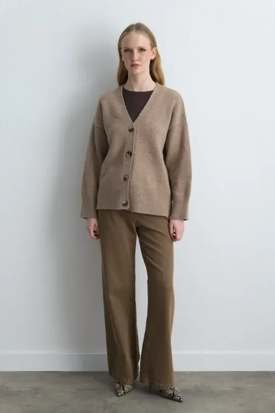 Wool Blend Knit Cardigan - Beige - Gusto