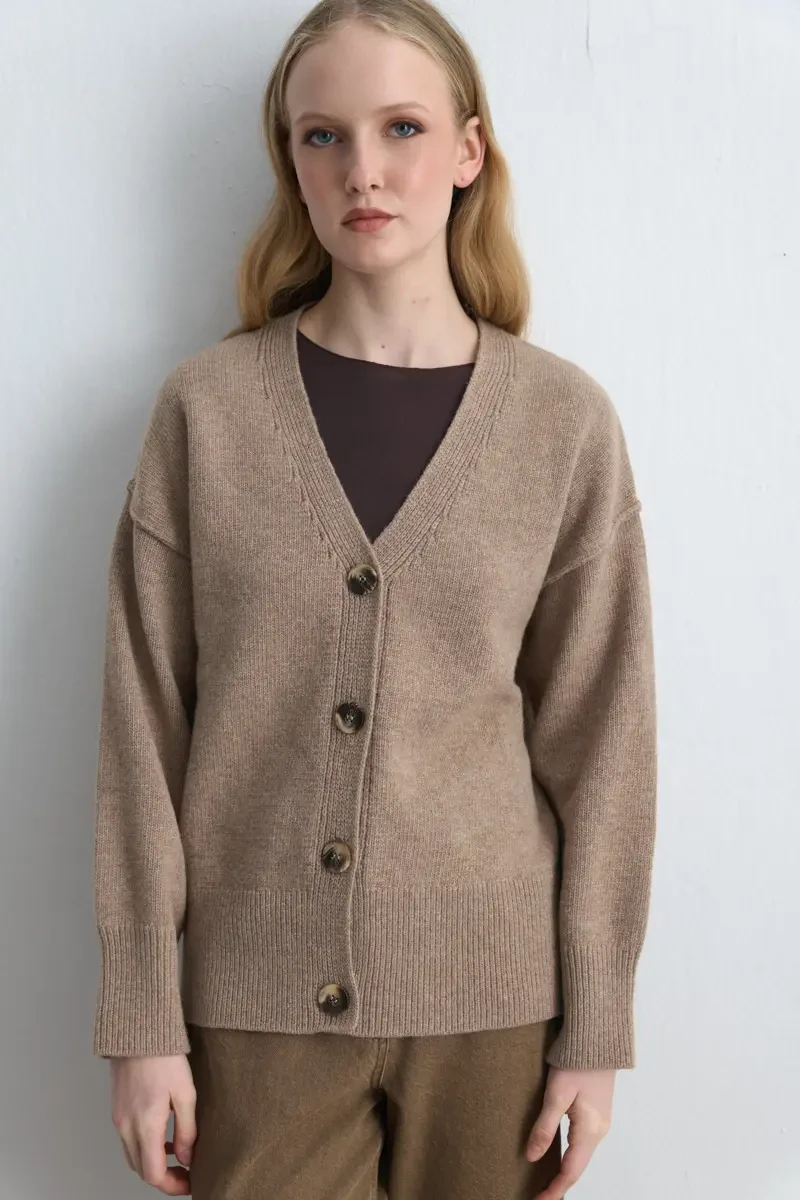 Wool Blend Knit Cardigan - Beige - Gusto