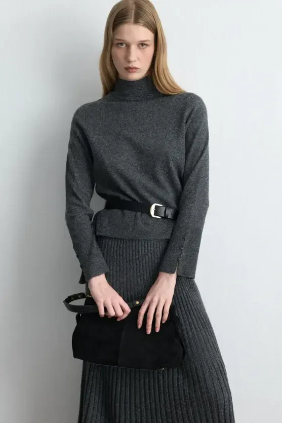Wool Knit Blouse - Anthracite - 1