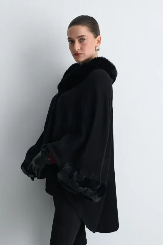 Wool Knit Cape with Faux Fur Detail - Black - Gusto