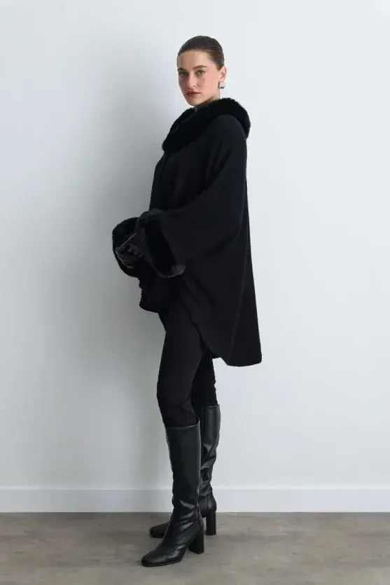 Wool Knit Cape with Faux Fur Detail - Black - 5