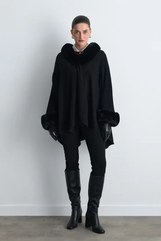 Wool Knit Cape with Faux Fur Detail - Black - Gusto