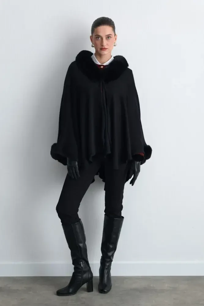 Wool Knit Cape with Faux Fur Detail - Black Black
