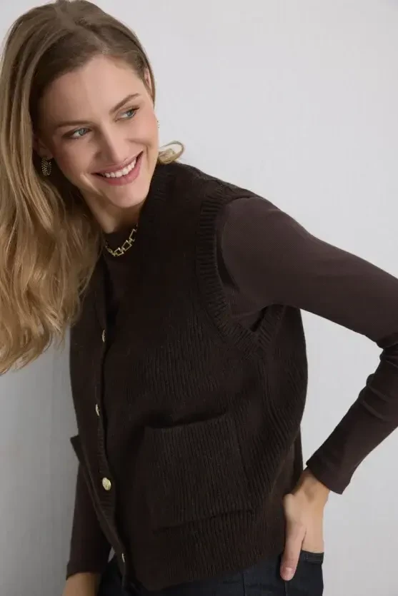 Wool Knit Vest - Brown - Gusto