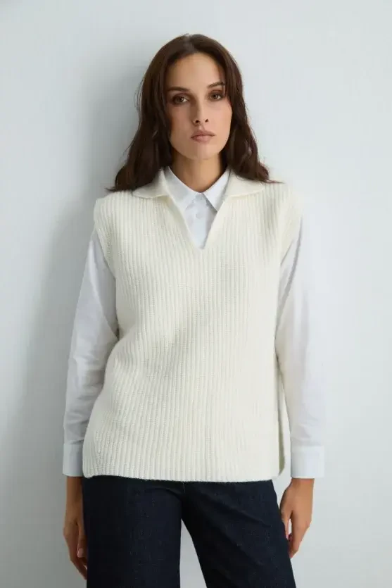Wool Knit Vest - Ecru - Gusto