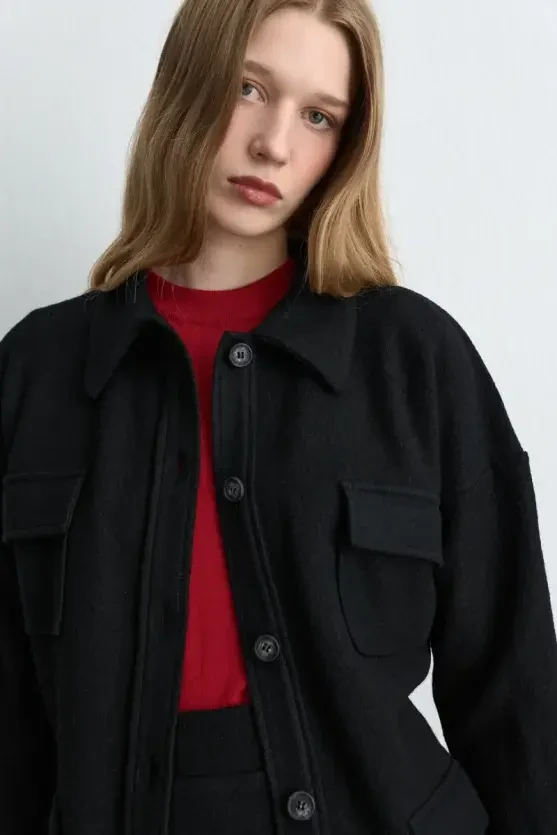 Wool Shirt Jacket with Pockets - Black - Gusto
