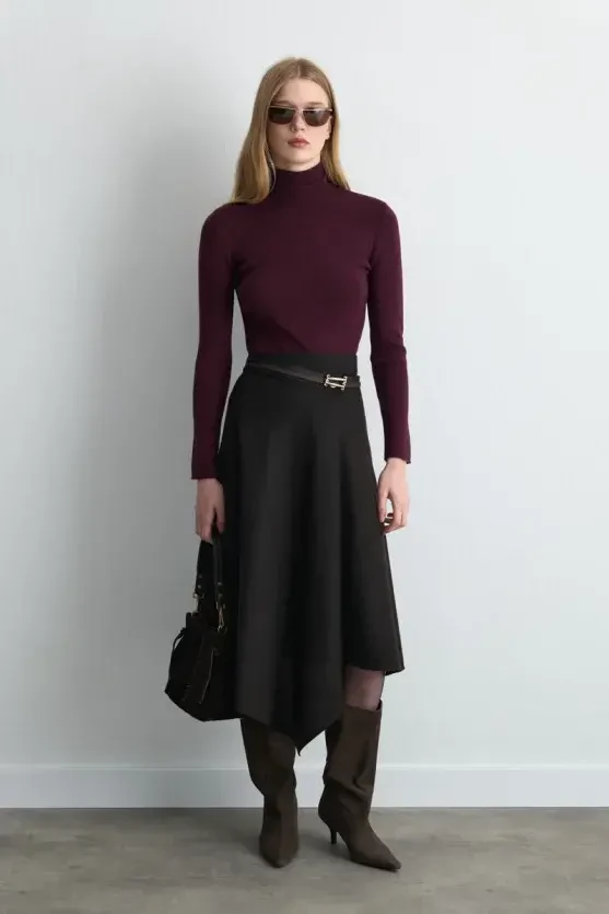 Wrap Cut Asymmetric Wool Coat Skirt - Brown - 1