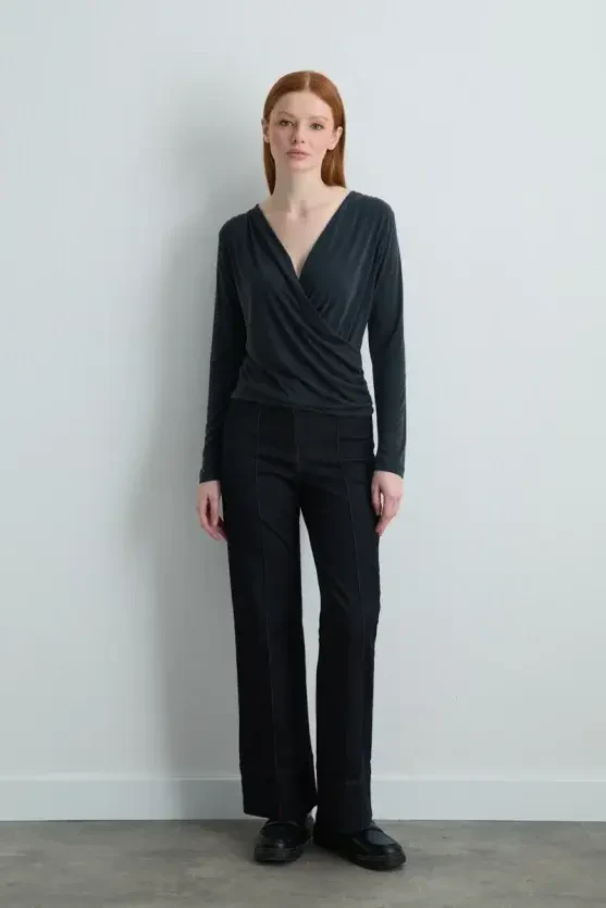 Wrap-Style Modal Knit Blouse - Black - 1