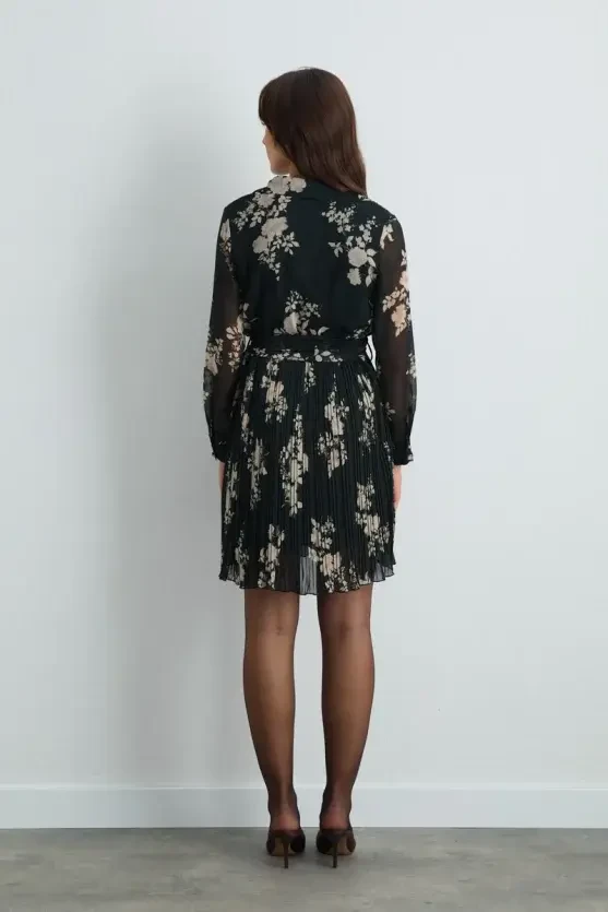 Wrap-Style Pleated Dress - Black - 8