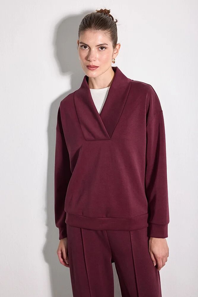 Yaka Detaylı Modal Örme Sweatshirt - Bordo - Gusto
