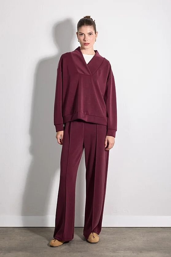 Yaka Detaylı Modal Örme Sweatshirt - Bordo - Gusto