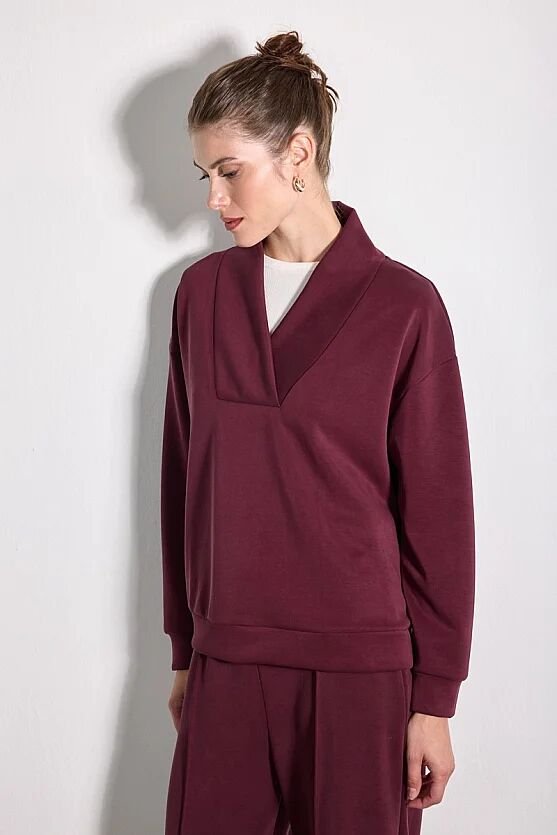 Yaka Detaylı Modal Örme Sweatshirt - Bordo - Gusto