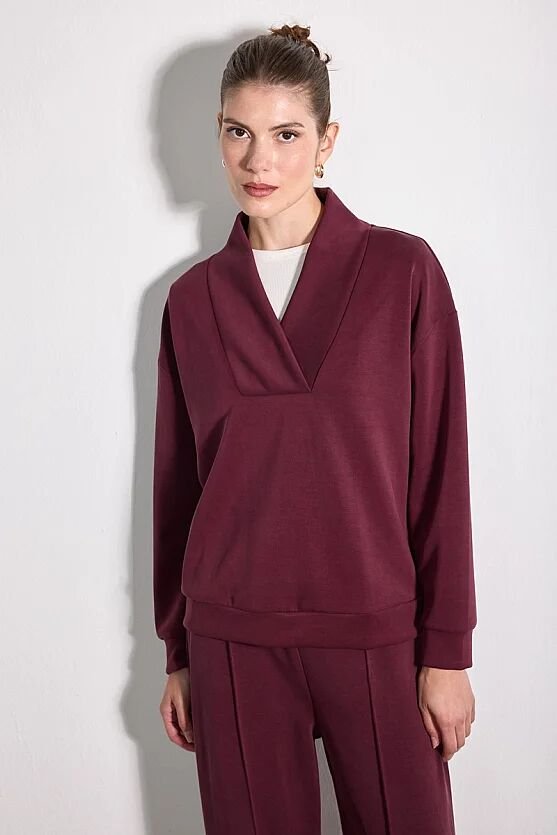 Yaka Detaylı Modal Örme Sweatshirt - Bordo - Gusto