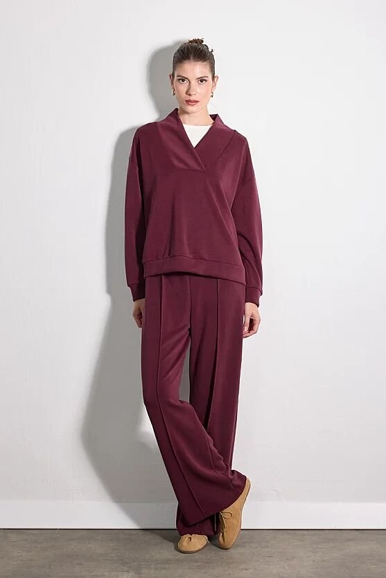 Yaka Detaylı Modal Örme Sweatshirt - Bordo - Gusto