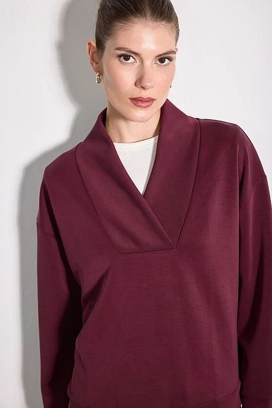 Yaka Detaylı Modal Örme Sweatshirt - Bordo - Gusto