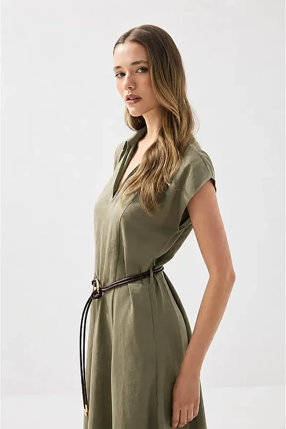 Yakalı Kemerli Uzun Tencel Elbise - Haki - 3