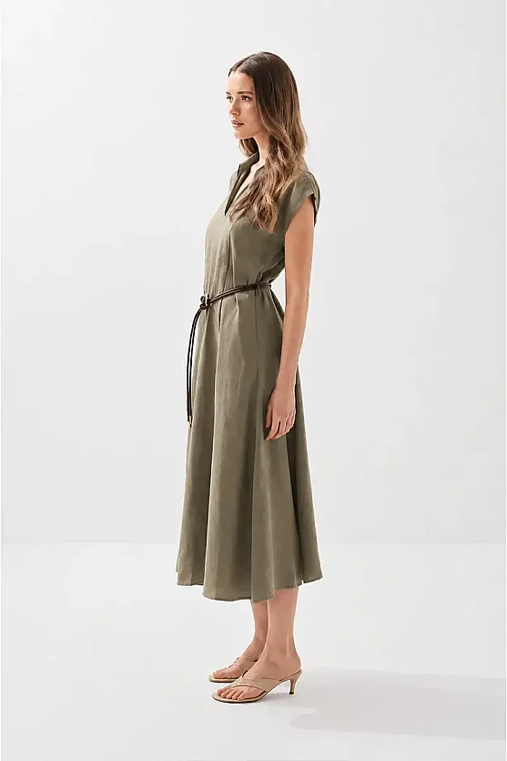 Yakalı Kemerli Uzun Tencel Elbise - Haki - 4