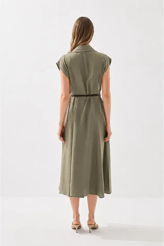Yakalı Kemerli Uzun Tencel Elbise - Haki - 5
