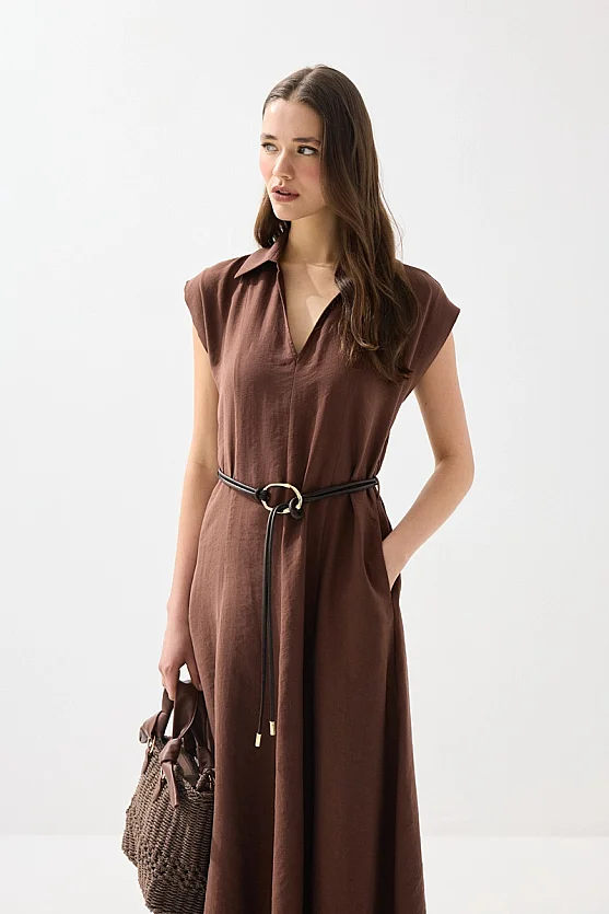 Yakalı Kemerli Uzun Tencel Elbise - Kahverengi - Gusto
