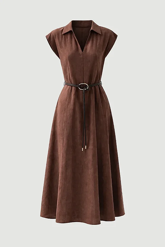Yakalı Kemerli Uzun Tencel Elbise - Kahverengi - Gusto
