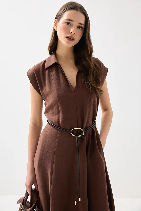 Yakalı Kemerli Uzun Tencel Elbise - Kahverengi - 3