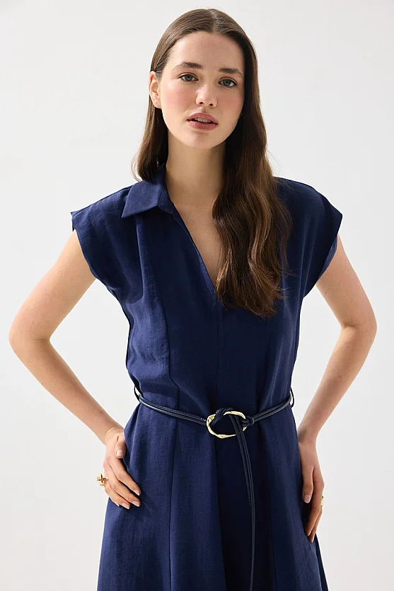 Yakalı Kemerli Uzun Tencel Elbise - Lacivert - Gusto