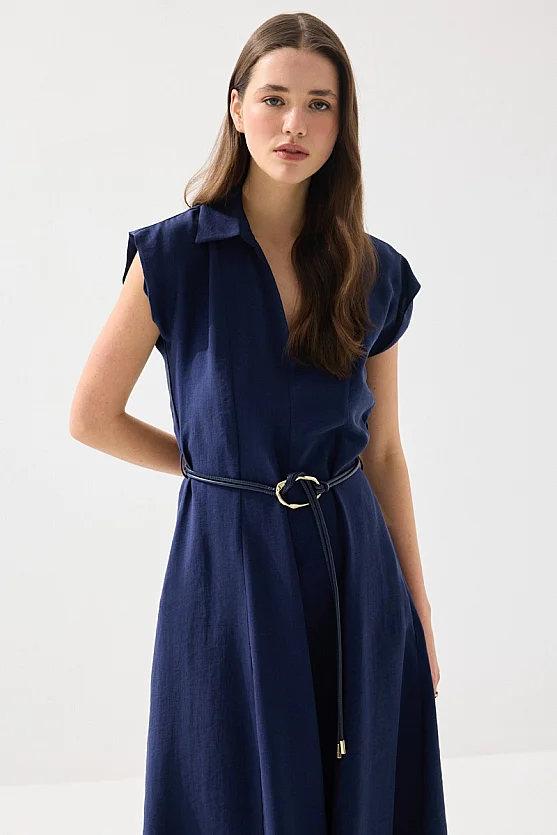 Yakalı Kemerli Uzun Tencel Elbise - Lacivert - Gusto