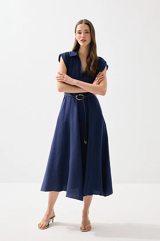 Yakalı Kemerli Uzun Tencel Elbise - Lacivert - 1