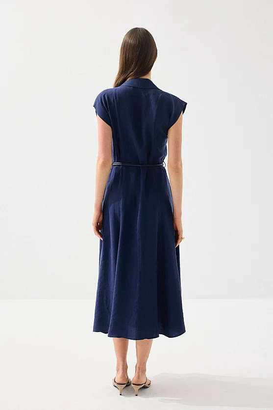 Yakalı Kemerli Uzun Tencel Elbise - Lacivert - 5