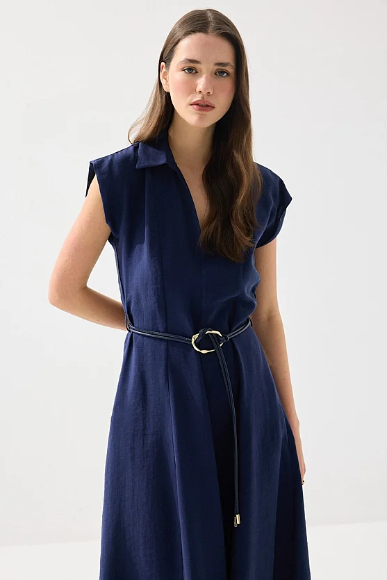 Yakalı Kemerli Uzun Tencel Elbise - Lacivert - 3