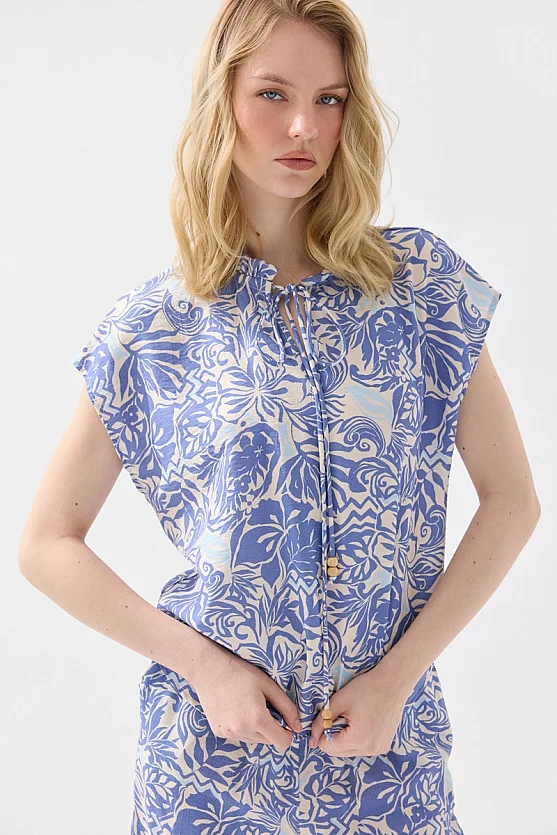 Yakası Bağcıklı Desenli Viskon Bluz - Mavi - Gusto