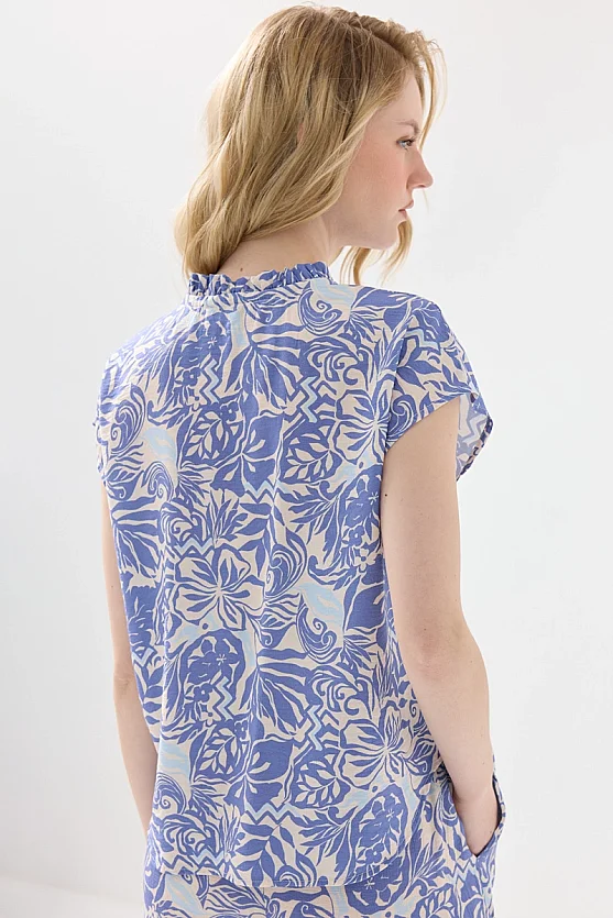 Yakası Bağcıklı Desenli Viskon Bluz - Mavi - 6