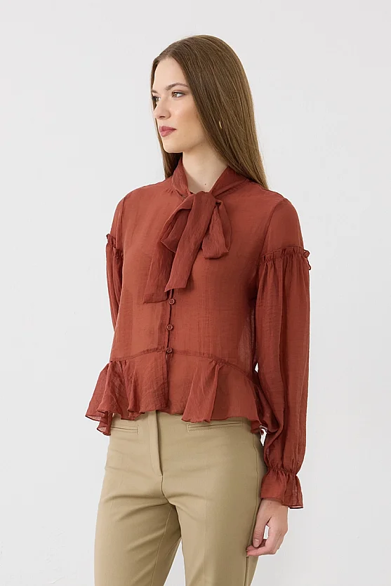 Yakası Bağlamalı Volanlı Tencel Bluz - Kiremit - Gusto