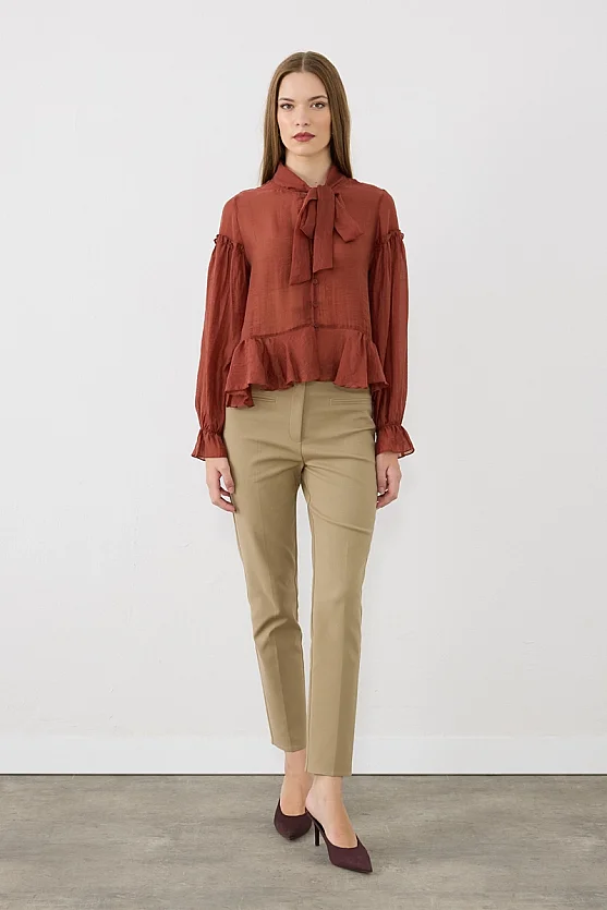 Yakası Bağlamalı Volanlı Tencel Bluz - Kiremit - Gusto