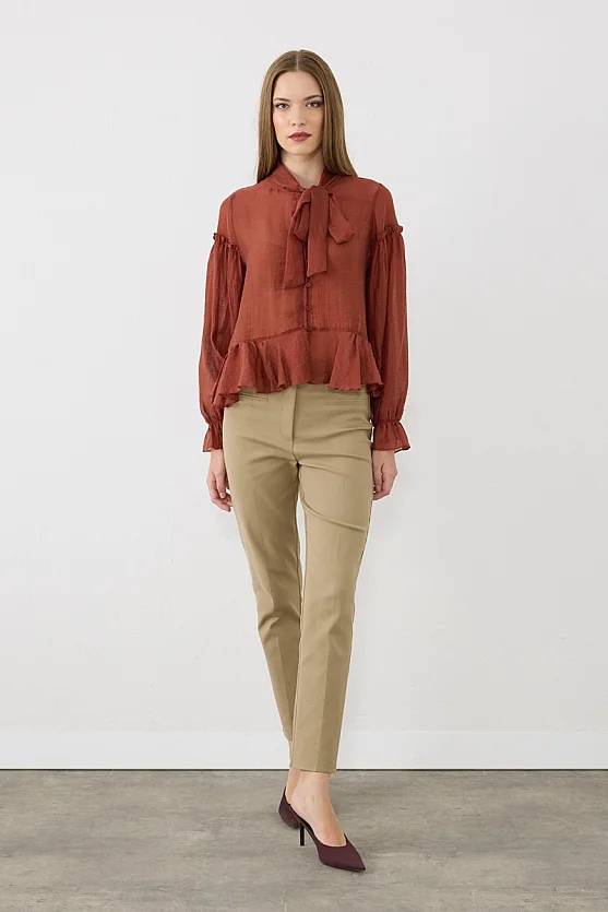 Yakası Bağlamalı Volanlı Tencel Bluz - Kiremit - Gusto