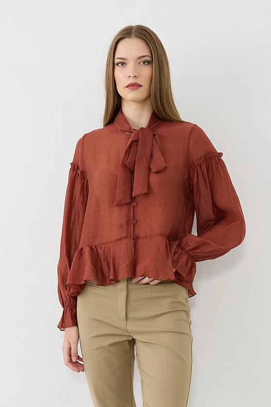 Yakası Bağlamalı Volanlı Tencel Bluz - Kiremit - 3
