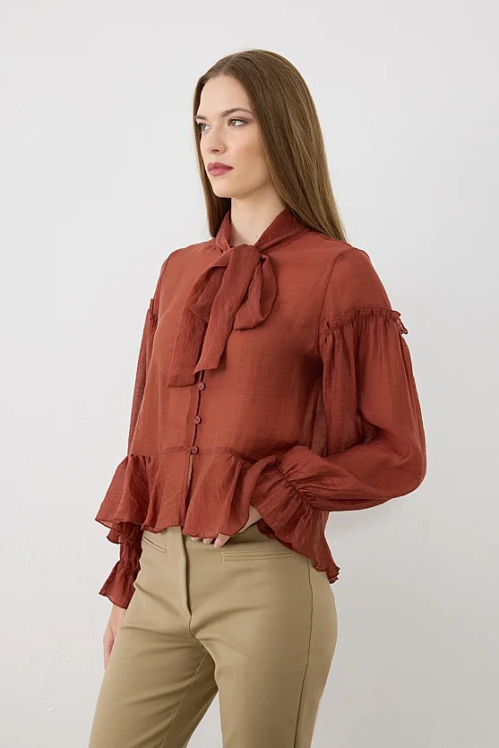 Yakası Bağlamalı Volanlı Tencel Bluz - Kiremit - 5