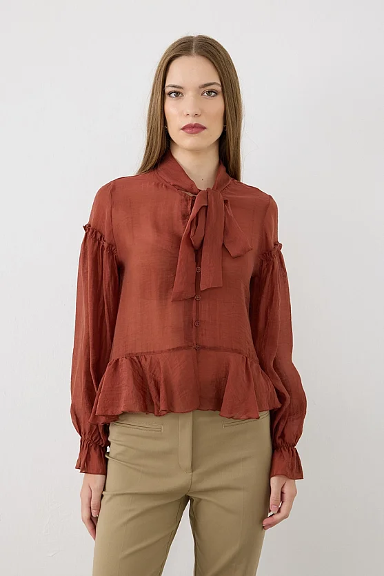 Yakası Bağlamalı Volanlı Tencel Bluz - Kiremit - Gusto