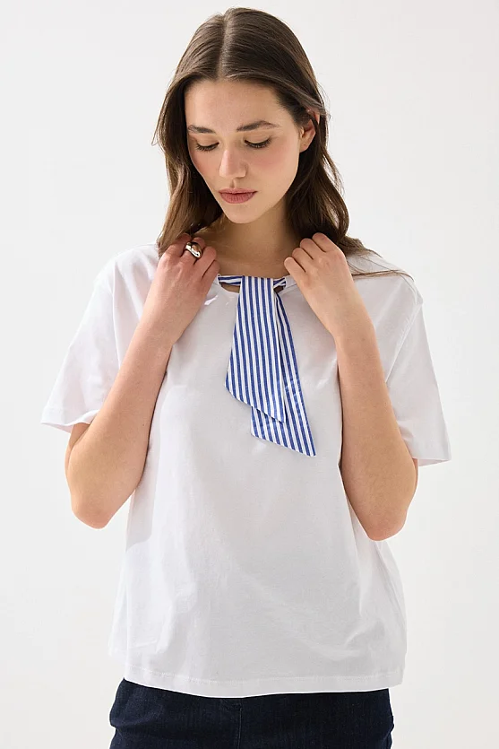 Yakası Fularlı Pamuk Tshirt - Beyaz - 4