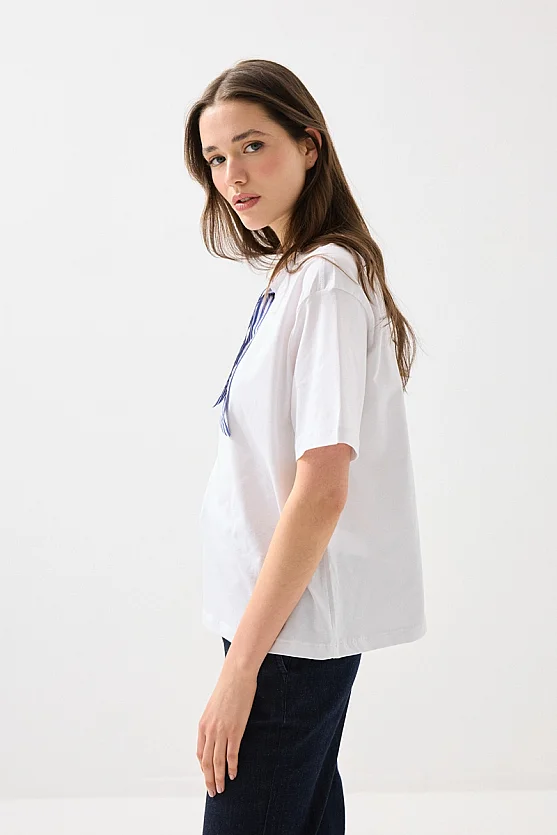 Yakası Fularlı Pamuk Tshirt - Beyaz - 5