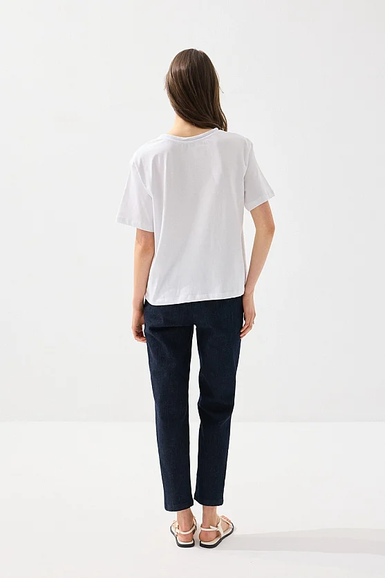 Yakası Fularlı Pamuk Tshirt - Beyaz - 6